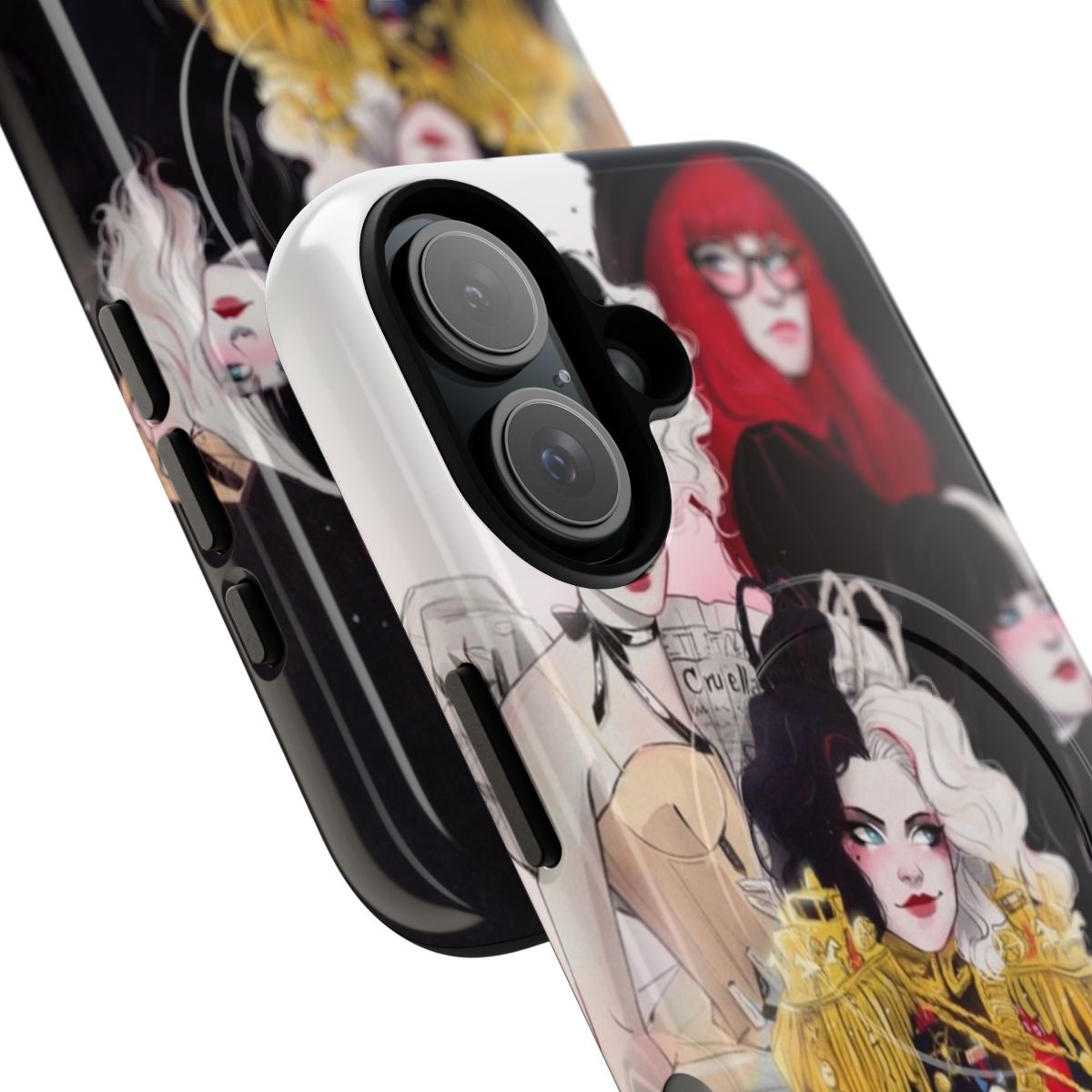 Cruella-inspired magnetic tough phone case with red and black design - Detail