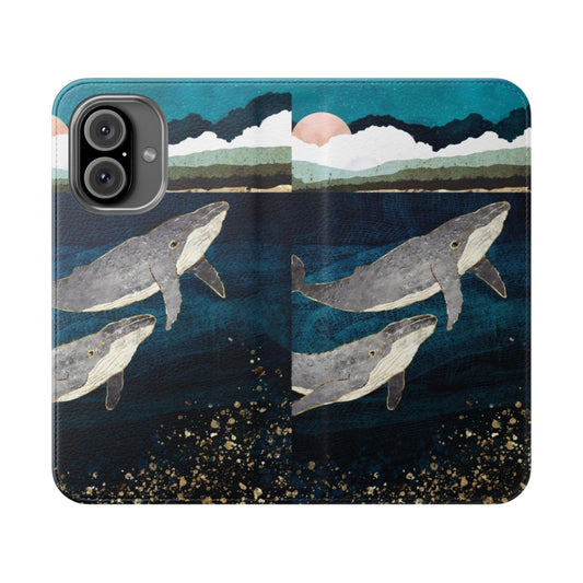 Whale-themed flip cover phone case with a contemporary, abstract design