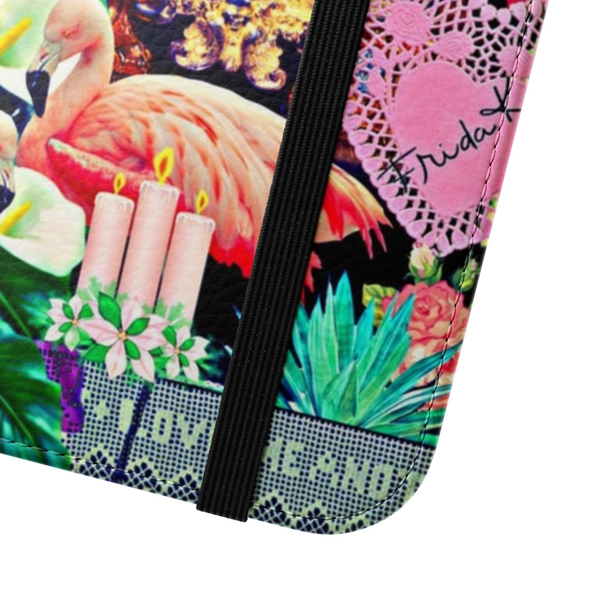 Vibrant collage phone case featuring Frida Kahlo-inspired imagery and religious Catholic iconography - Close Up