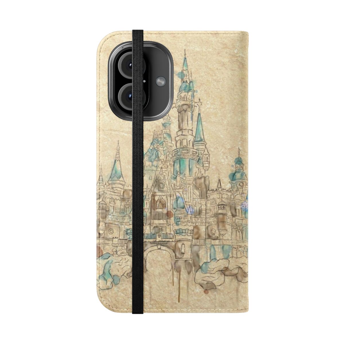 Watercolor illustration of an enchanted storybook castle on a mobile phone case - Folded Front