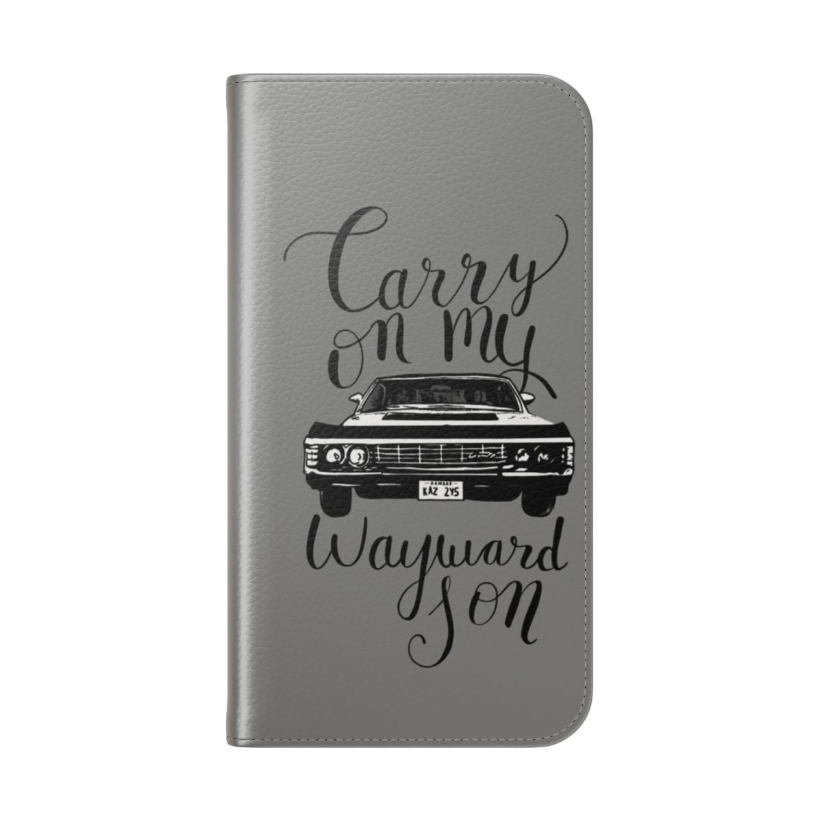 Supernatural-inspired flip phone case featuring the lyrics "Carry On My Wayward Son" - Folded Back