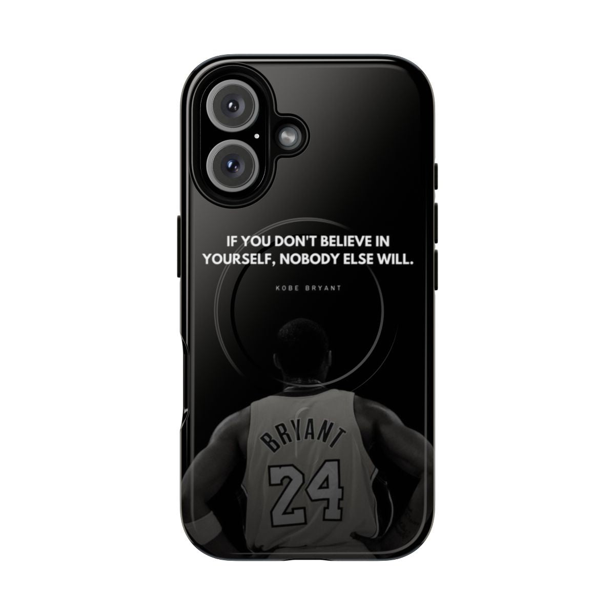 A phone case featuring a portrait of Kobe Bryant along with an inspirational quote.