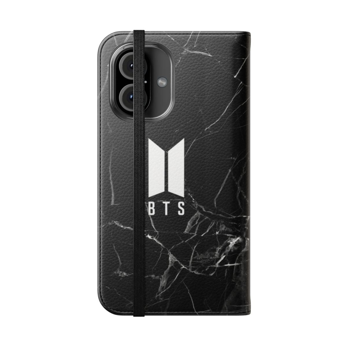 Marble-patterned phone case featuring elements inspired by the K-pop group BTS - Folded Front