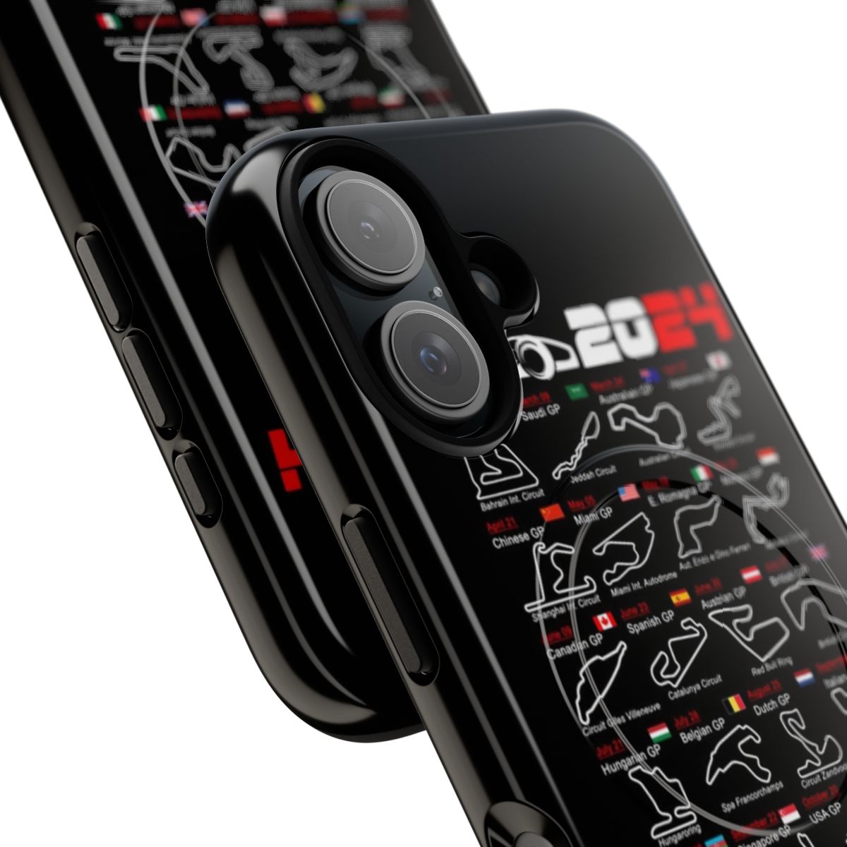 Magnetic tough phone case featuring 2024 Formula 1 race car designs and circuit schedules. - Detail