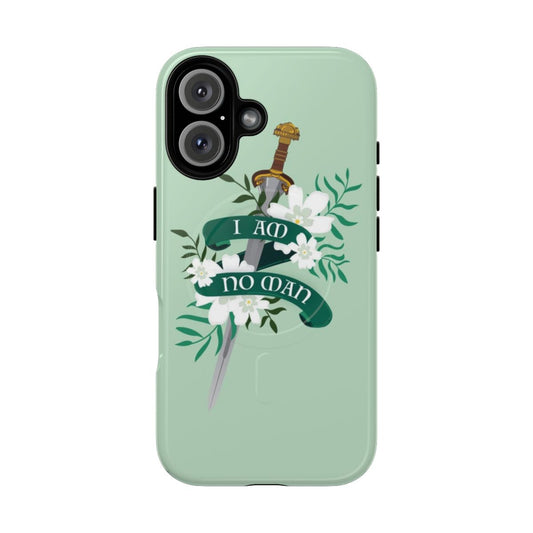 A magnetic phone case featuring a female warrior with a sword and flowers.