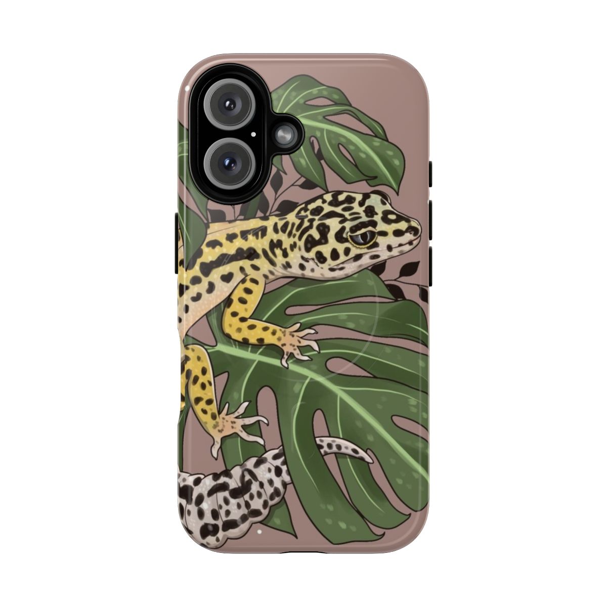 Magnetic phone case featuring a leopard gecko and monstera deliciosa plant design