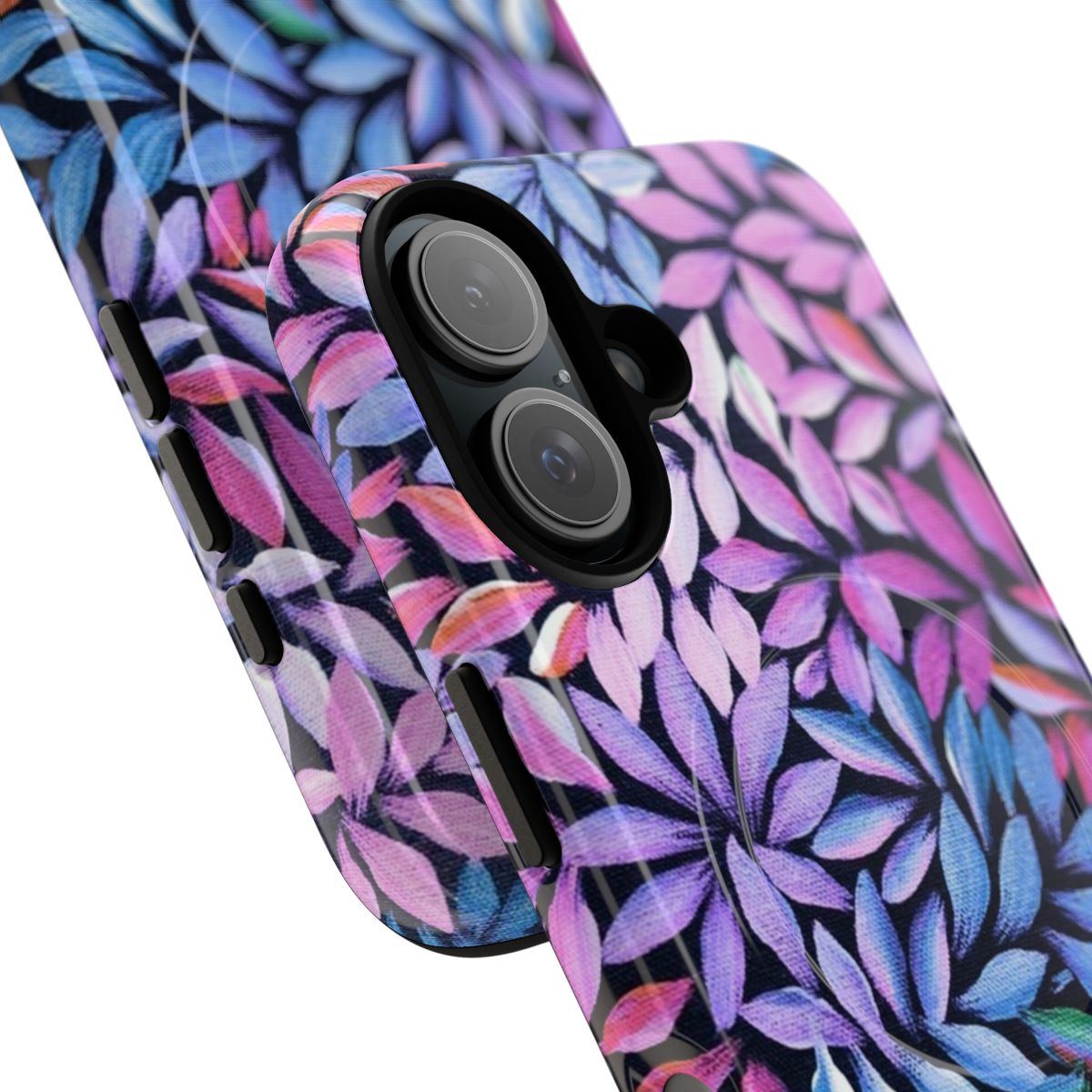 Colorful magnetic tough phone case featuring an abstract Australian aboriginal art-inspired design with leaves in shades of pink, purple, and blue. - Detail