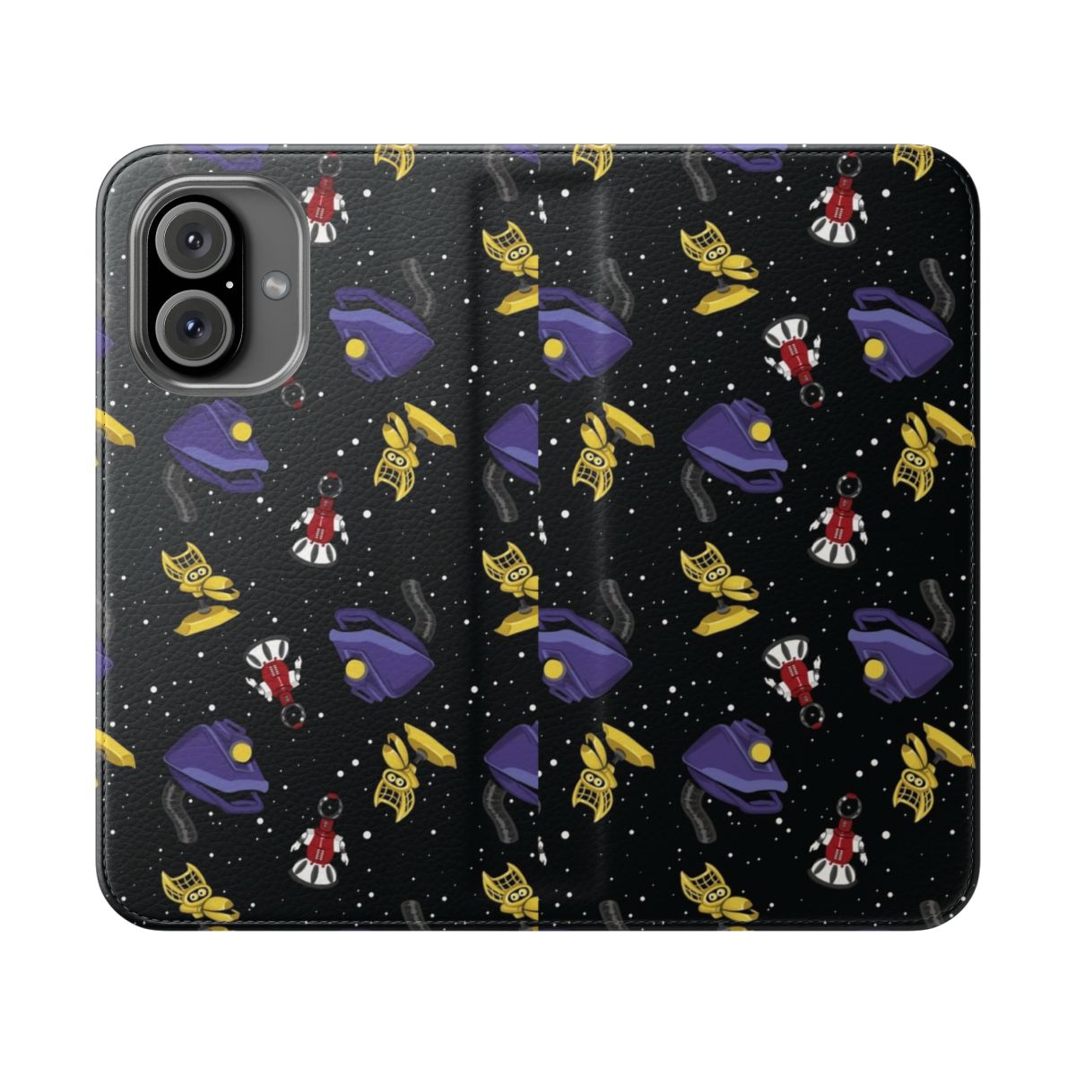 A flip cover phone case featuring characters from the popular sci-fi series "Mystery Science Theater 3000".