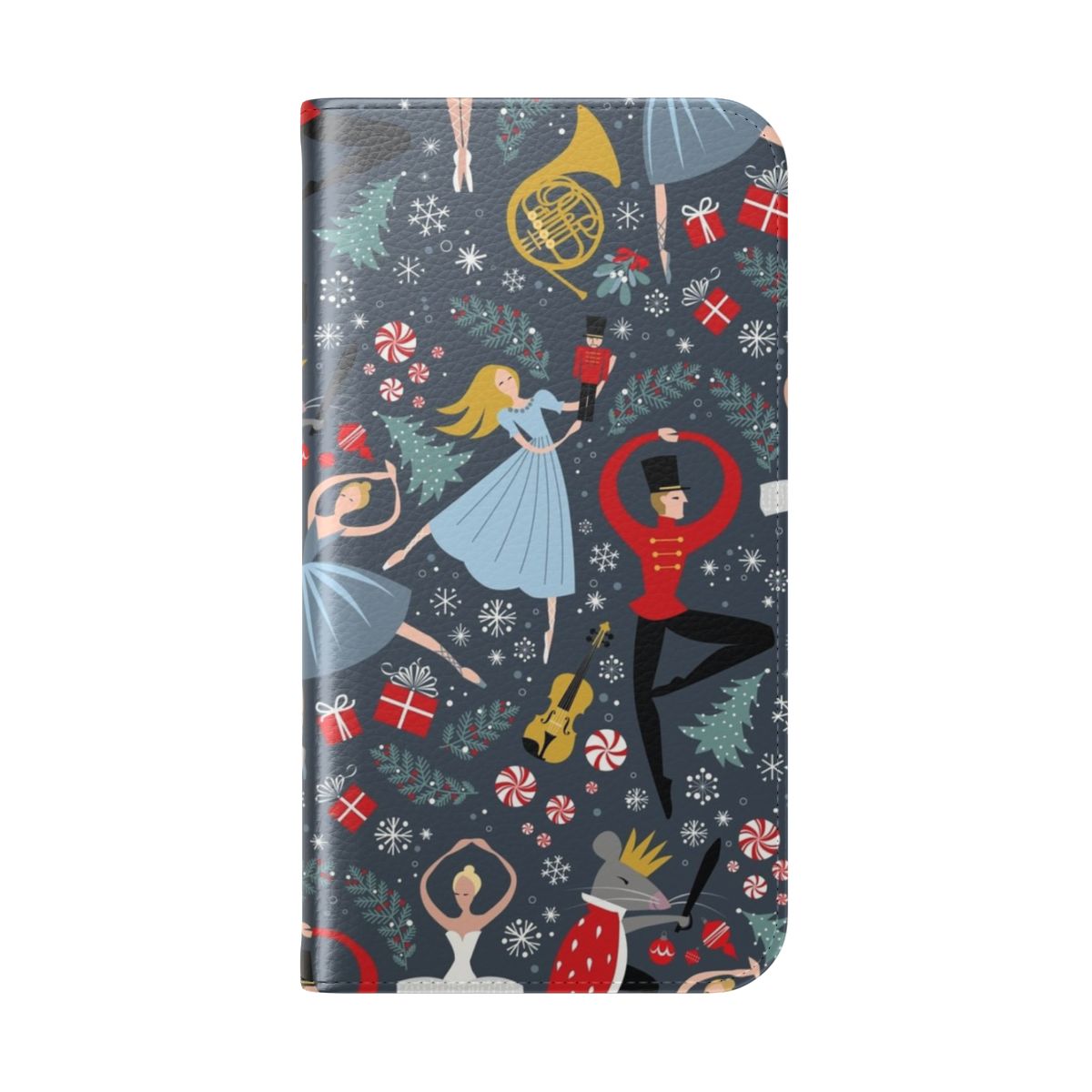 Flip cover phone case with a repeating pattern of the Nutcracker ballet dancers and characters by artist Robin Pickens. - Folded Back