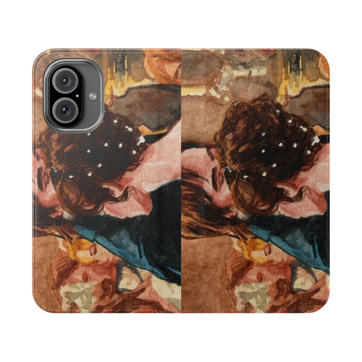 Flip cover phone case featuring a watercolor illustration inspired by Jane Austen's classic novel Pride and Prejudice.