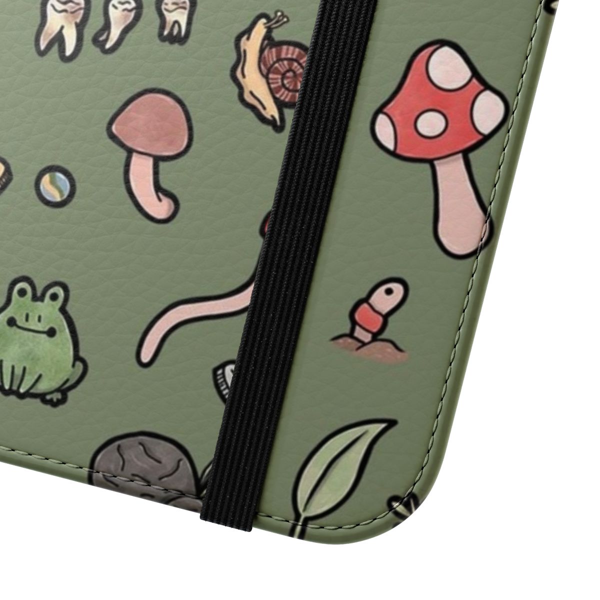 Green phone case with cute goblin, frog, bug, and worm motifs in a whimsical, nature-inspired design. - Close Up