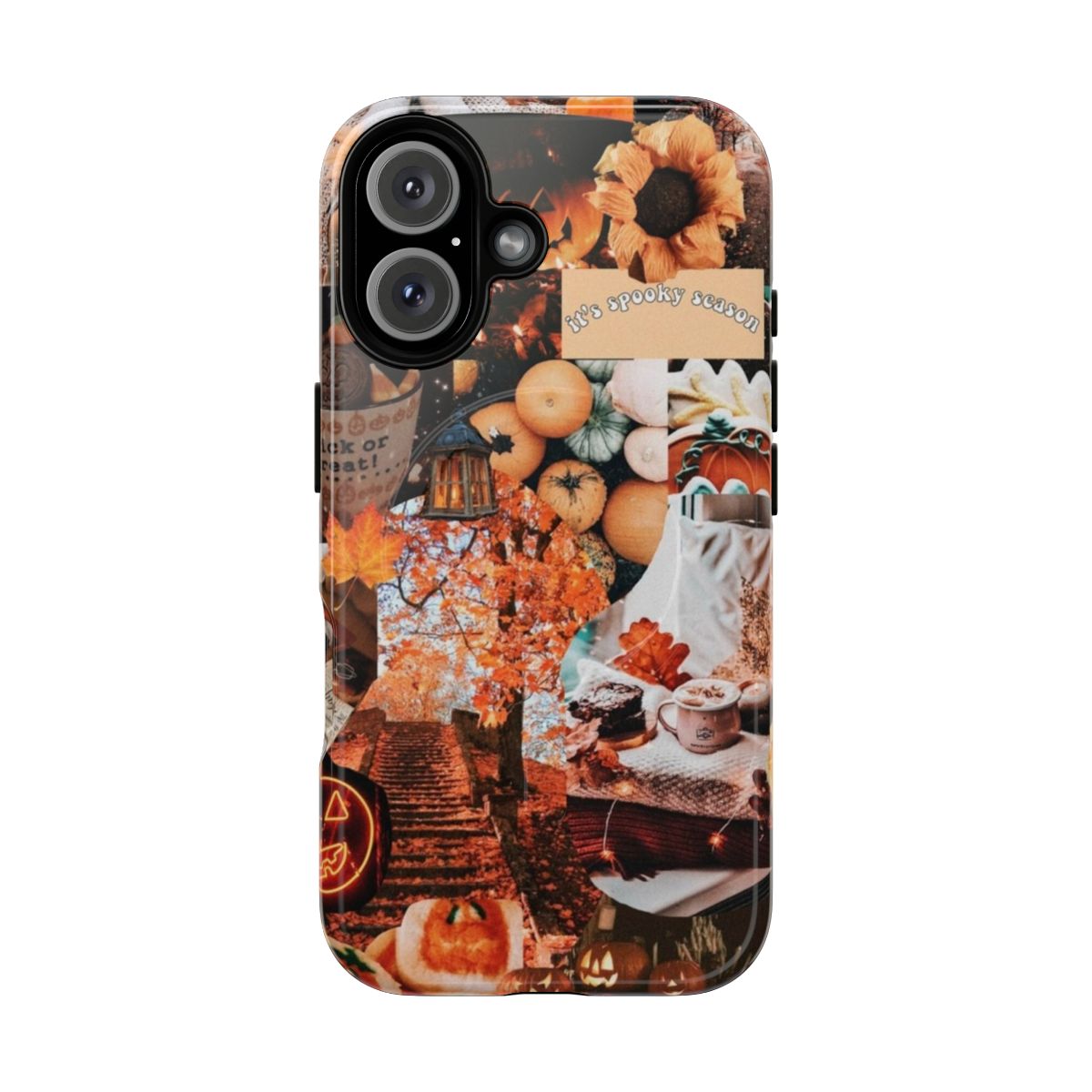 A stylish and durable fall-themed phone case featuring a digital collage design.