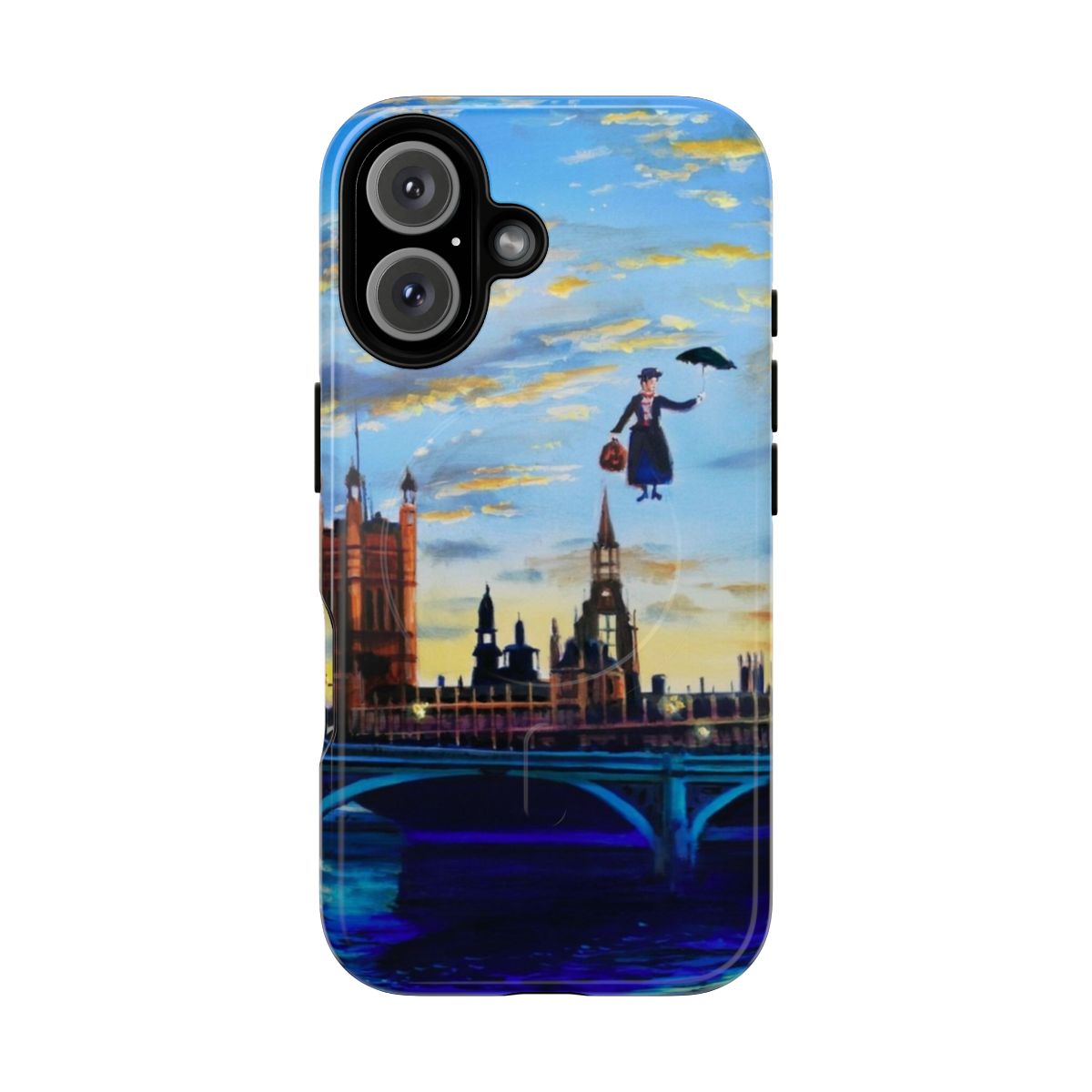 Whimsical phone case featuring the character Mary Poppins flying over London