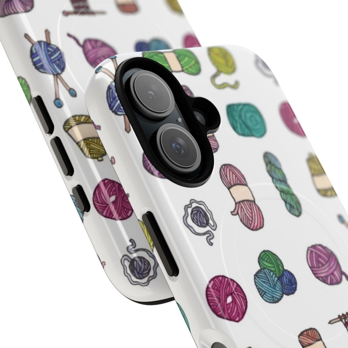 Colorful watercolor illustration of knitting balls of yarn on a durable phone case. - Detail