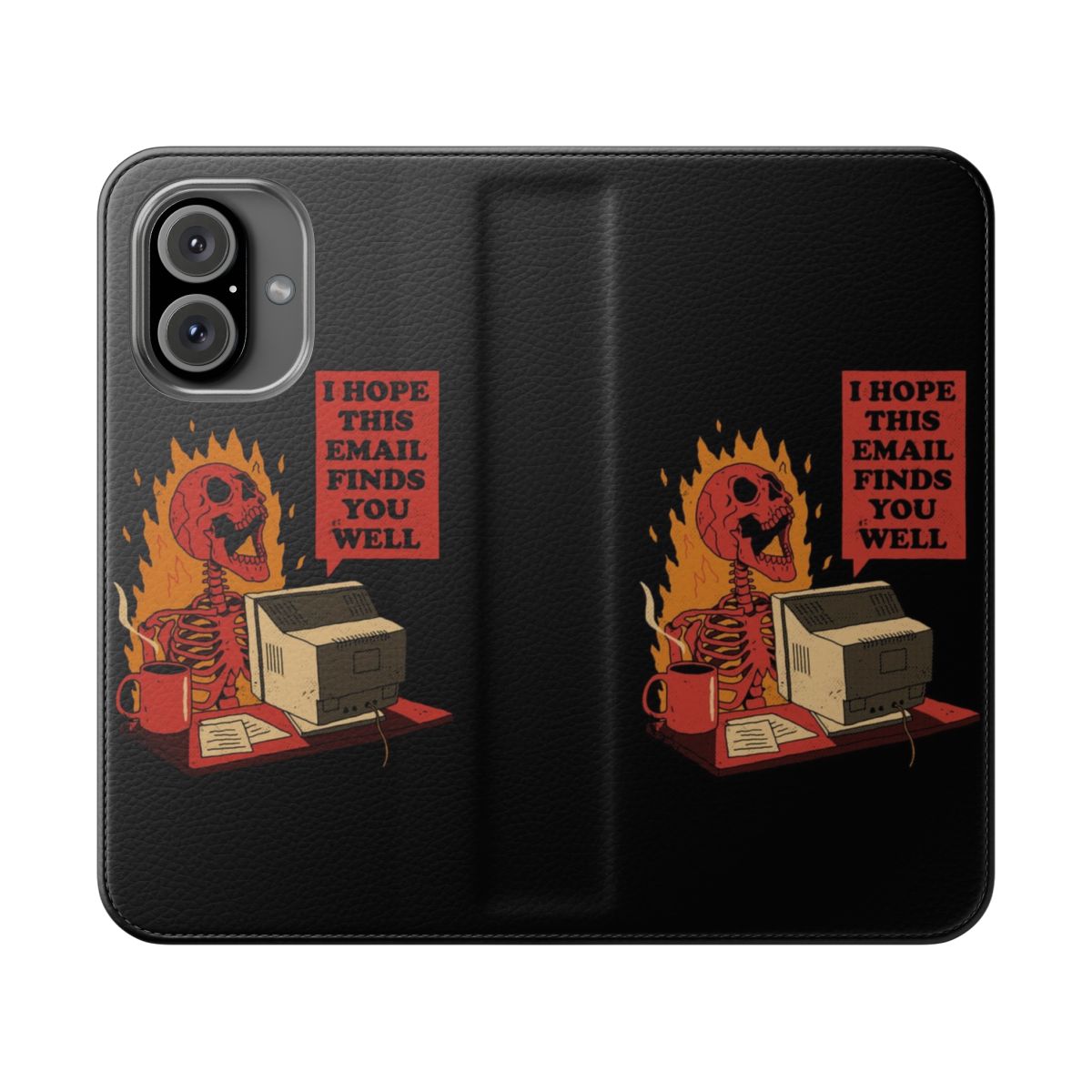 Flip cover phone case with computer, email, and humor-themed graphics