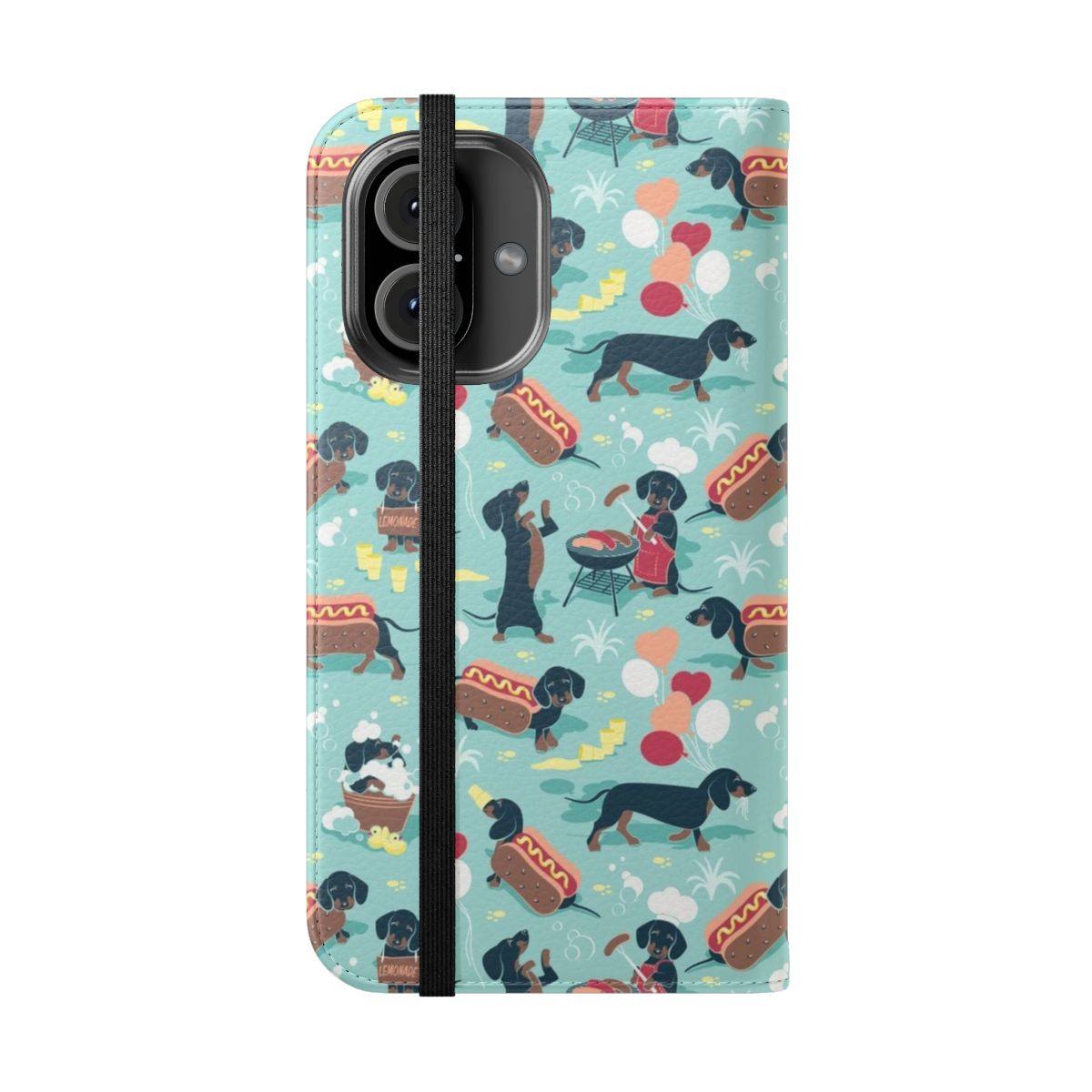 Flip cover phone case with an aqua green background featuring a navy and brown dachshund pattern design - Folded Front