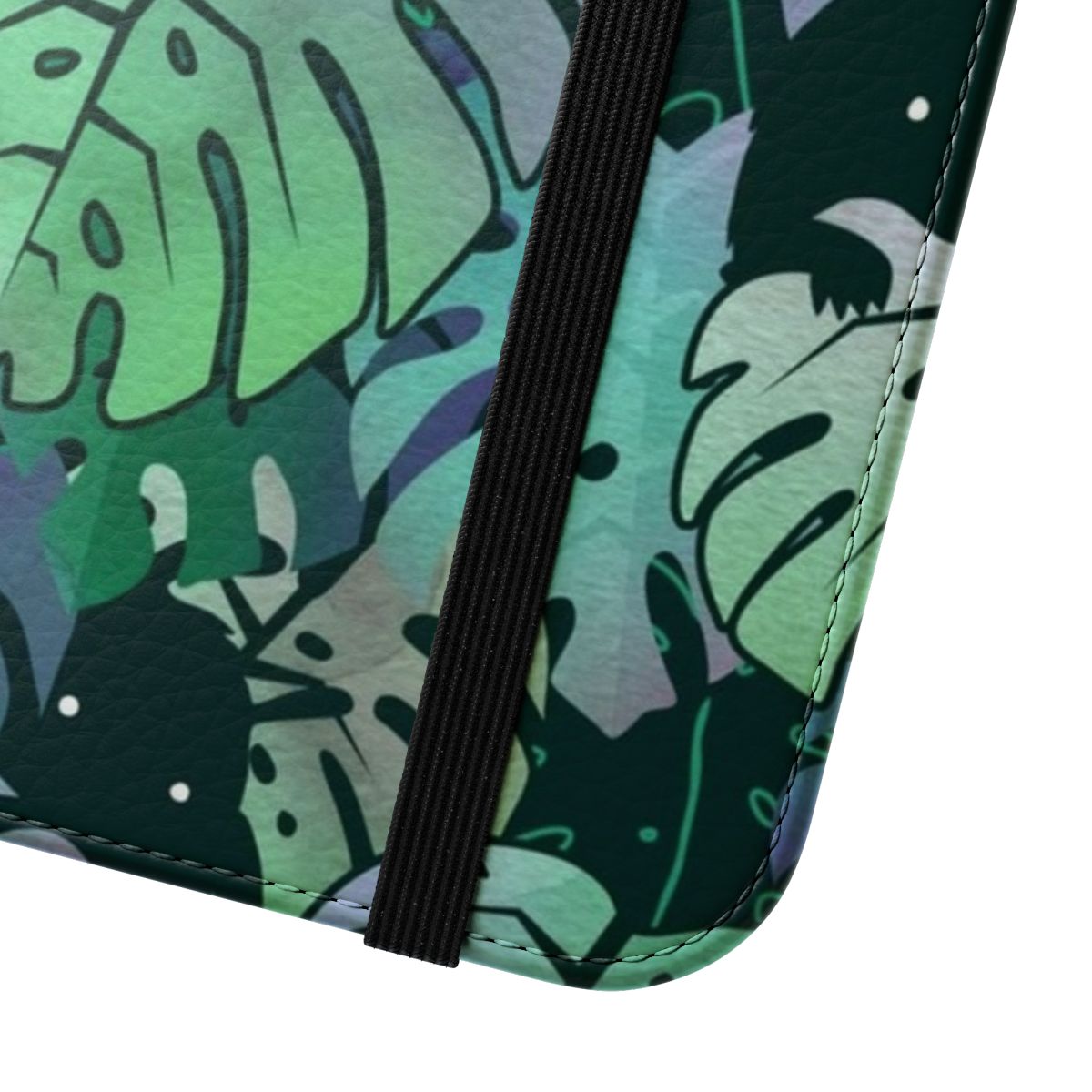 Tropical monstera leaf print phone case with flip cover - Close Up