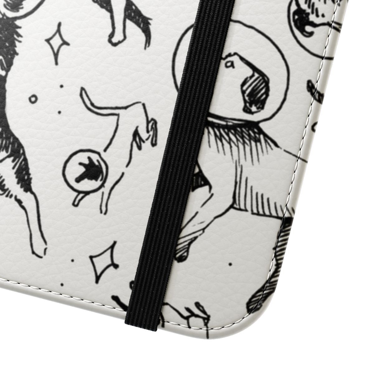 A phone case featuring a playful design of a dog in a space-themed pattern. - Close Up