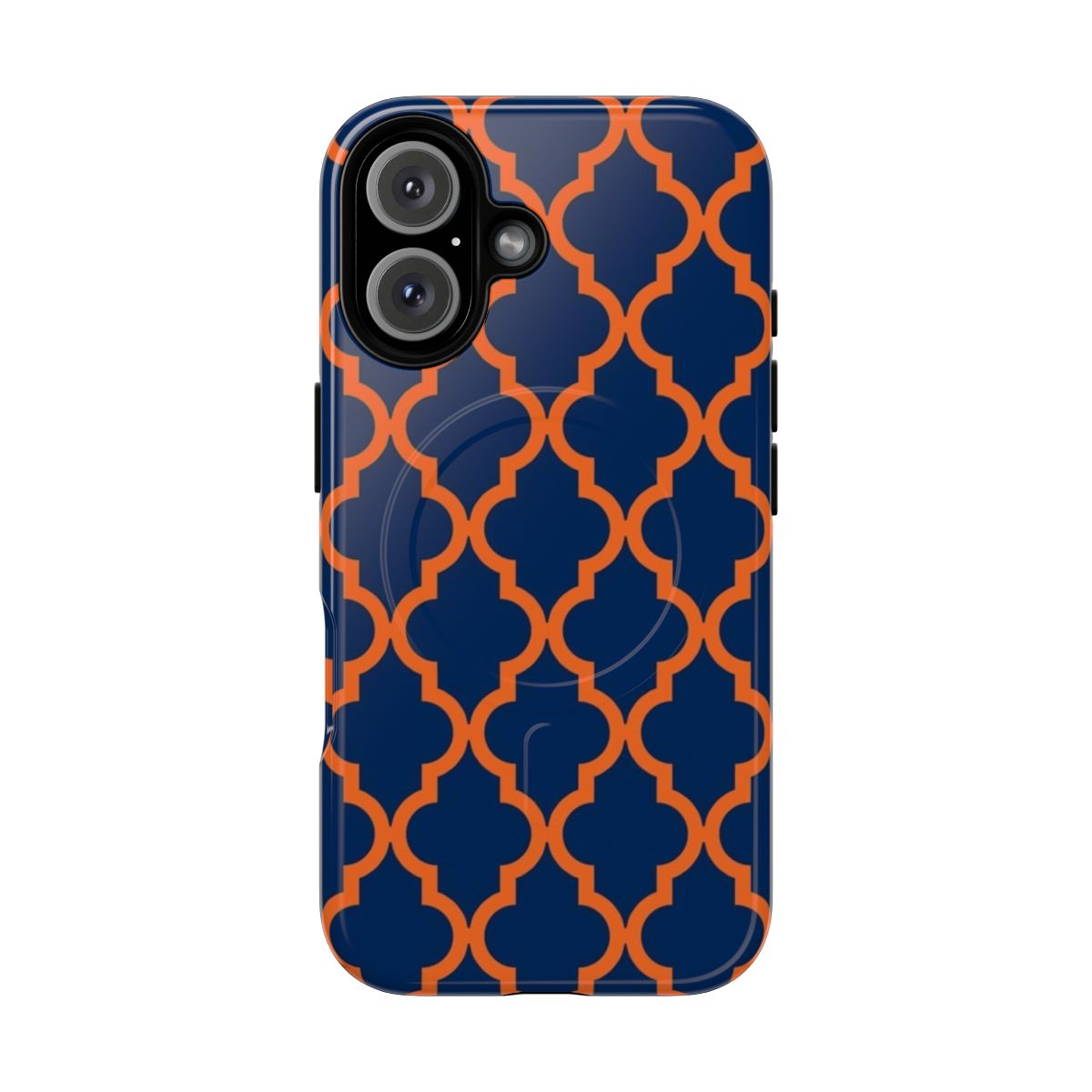 Moroccan-inspired navy blue and orange geometric pattern tough magnetic phone case