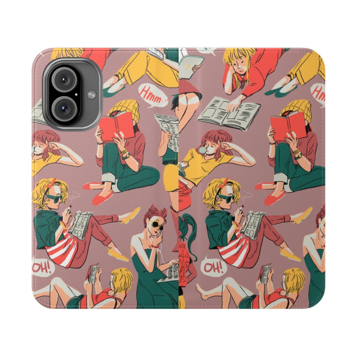 Flip cover phone case with a reading-themed design