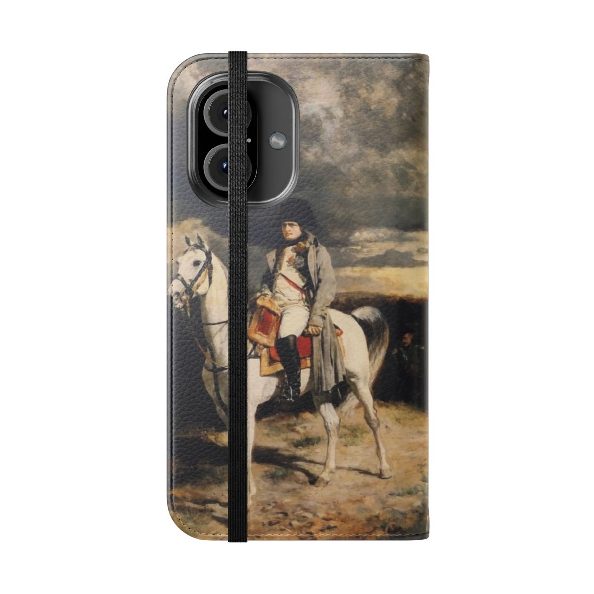 Flip cover phone case featuring a portrait of Napoleon Bonaparte on horseback - Folded Front