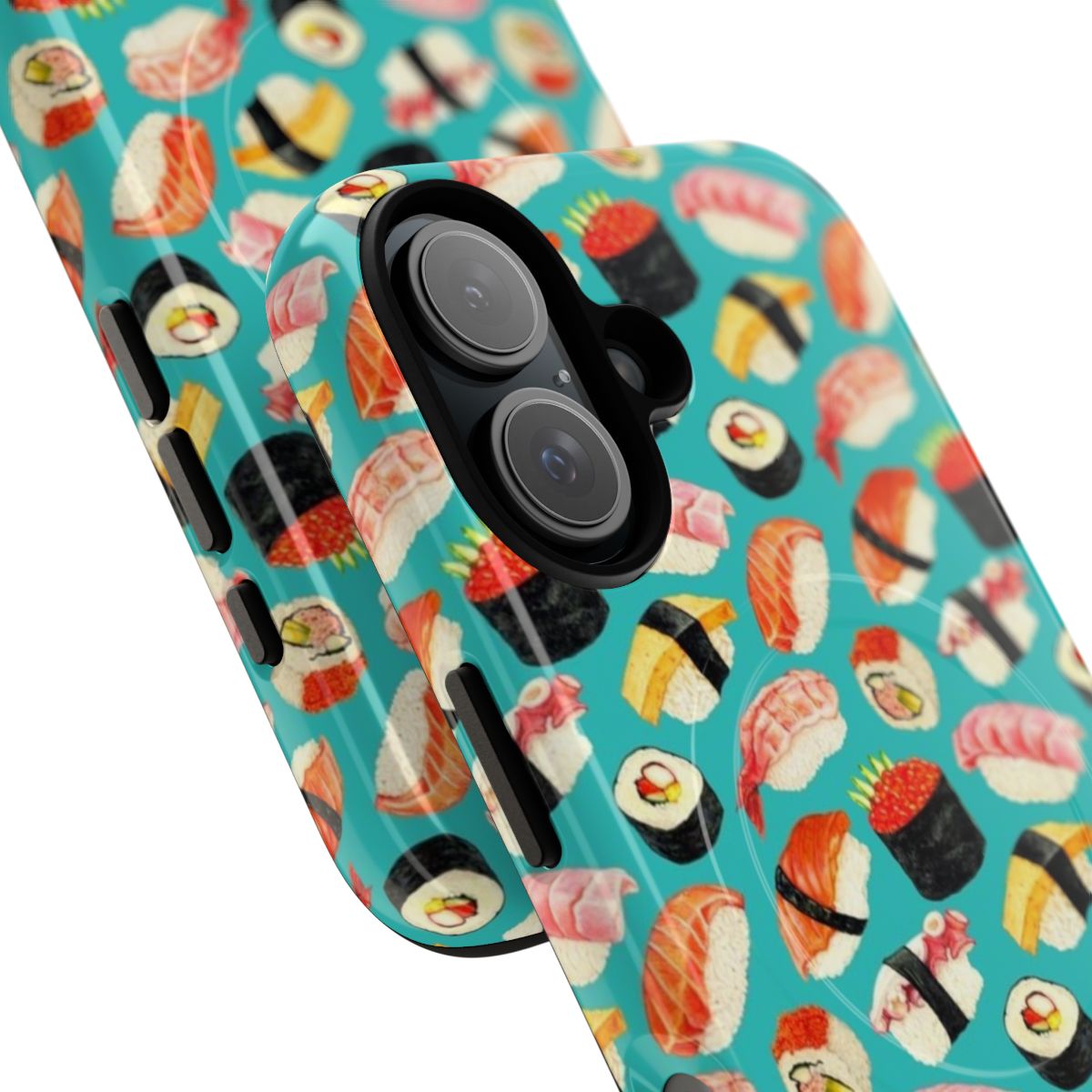 Magnetic tough phone case featuring a vibrant blue sushi pattern design. - Detail