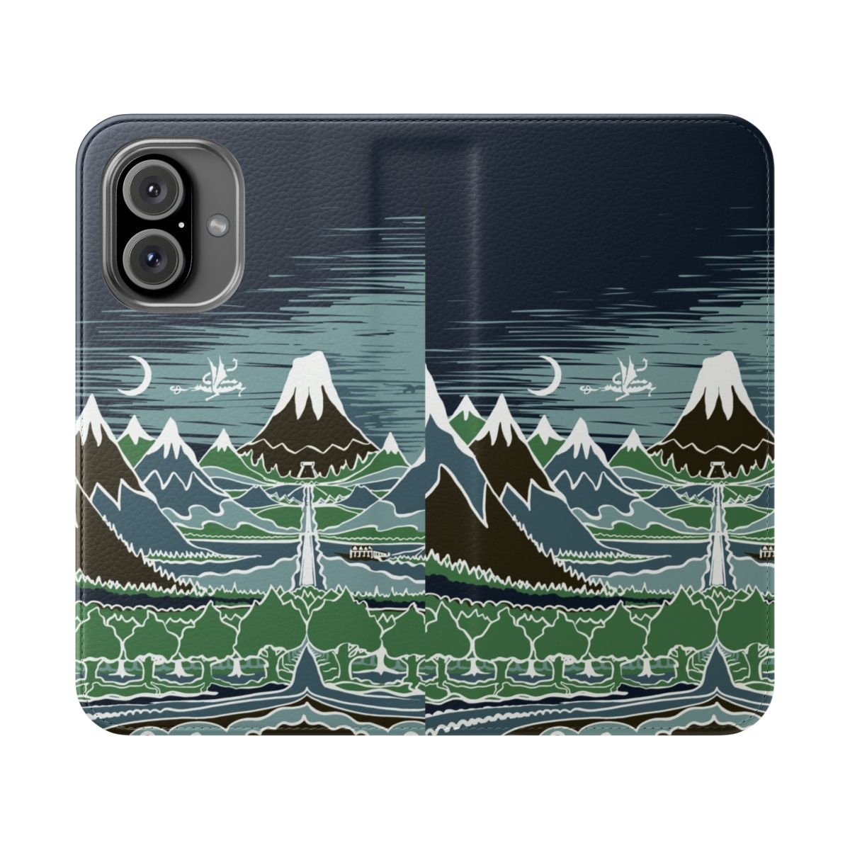 Flip phone case featuring a fantasy landscape inspired by J.R.R. Tolkien's The Hobbit and Lord of the Rings.