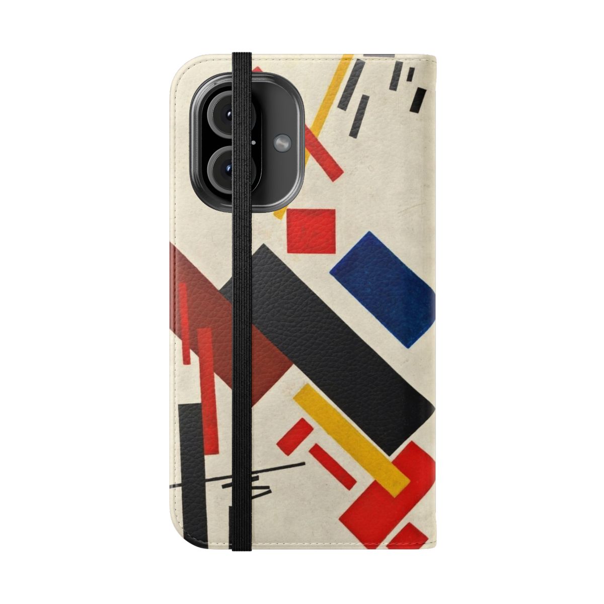 A stylish and protective flip cover phone case featuring Kazimir Malevich's famous "Stroyuschiysya Dom" abstract artwork. - Folded Front