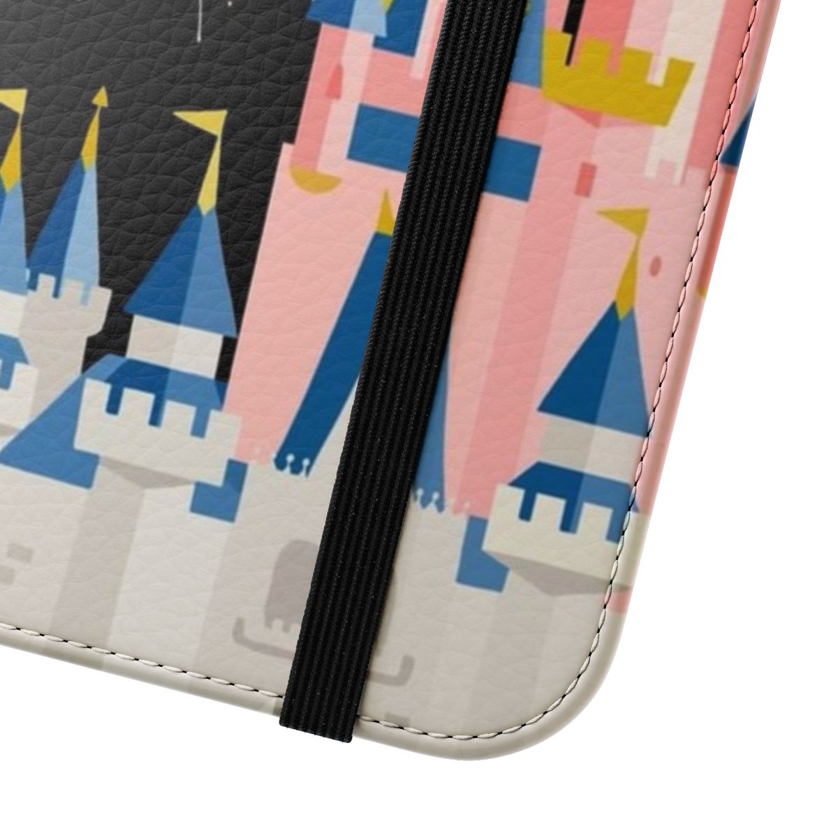 A black phone case featuring a fairytale castle design, perfect for Disney fans. - Close Up