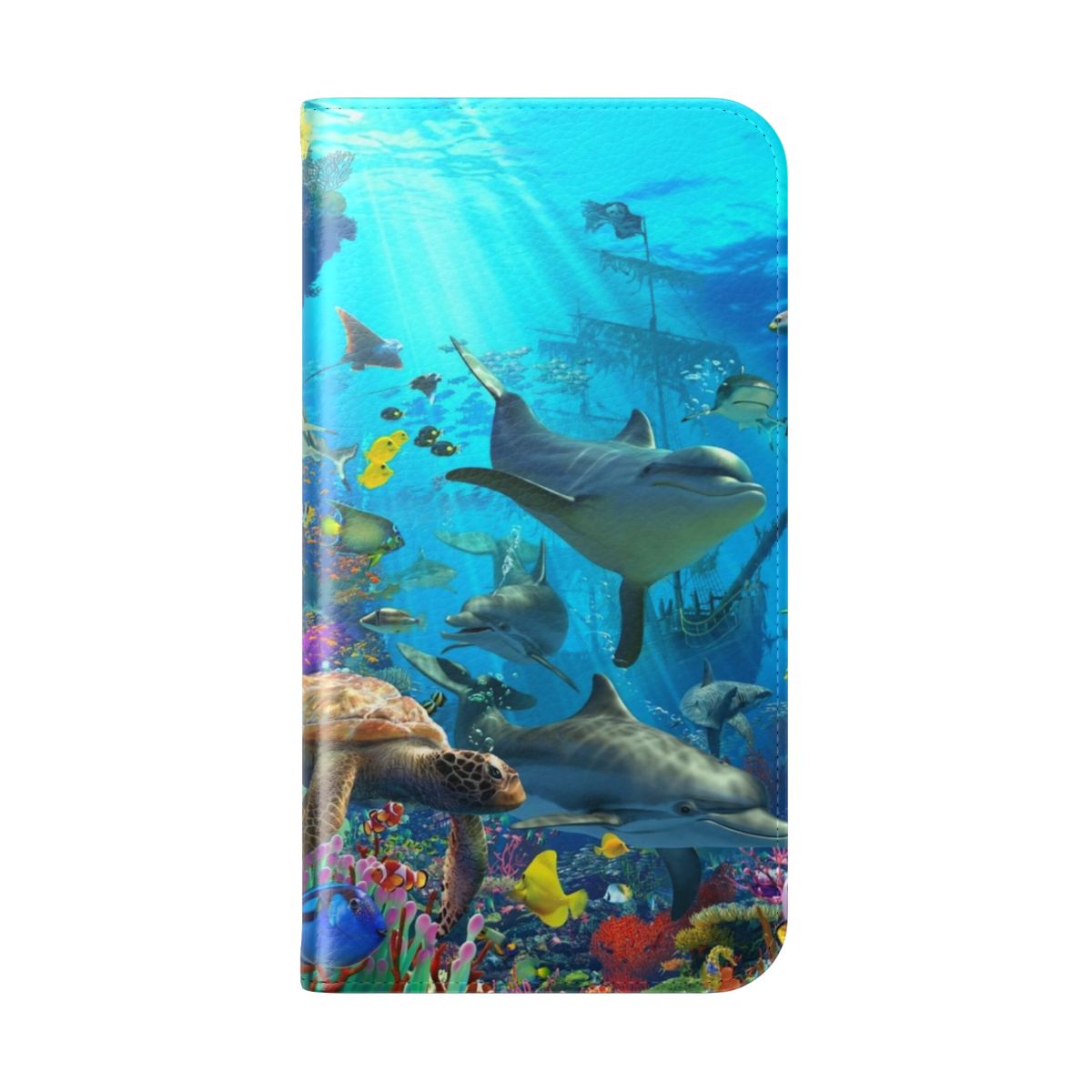 A colorful phone case featuring a playful dolphin design and ocean-inspired elements like sea turtles, shipwrecks, and clownfish. - Folded Back