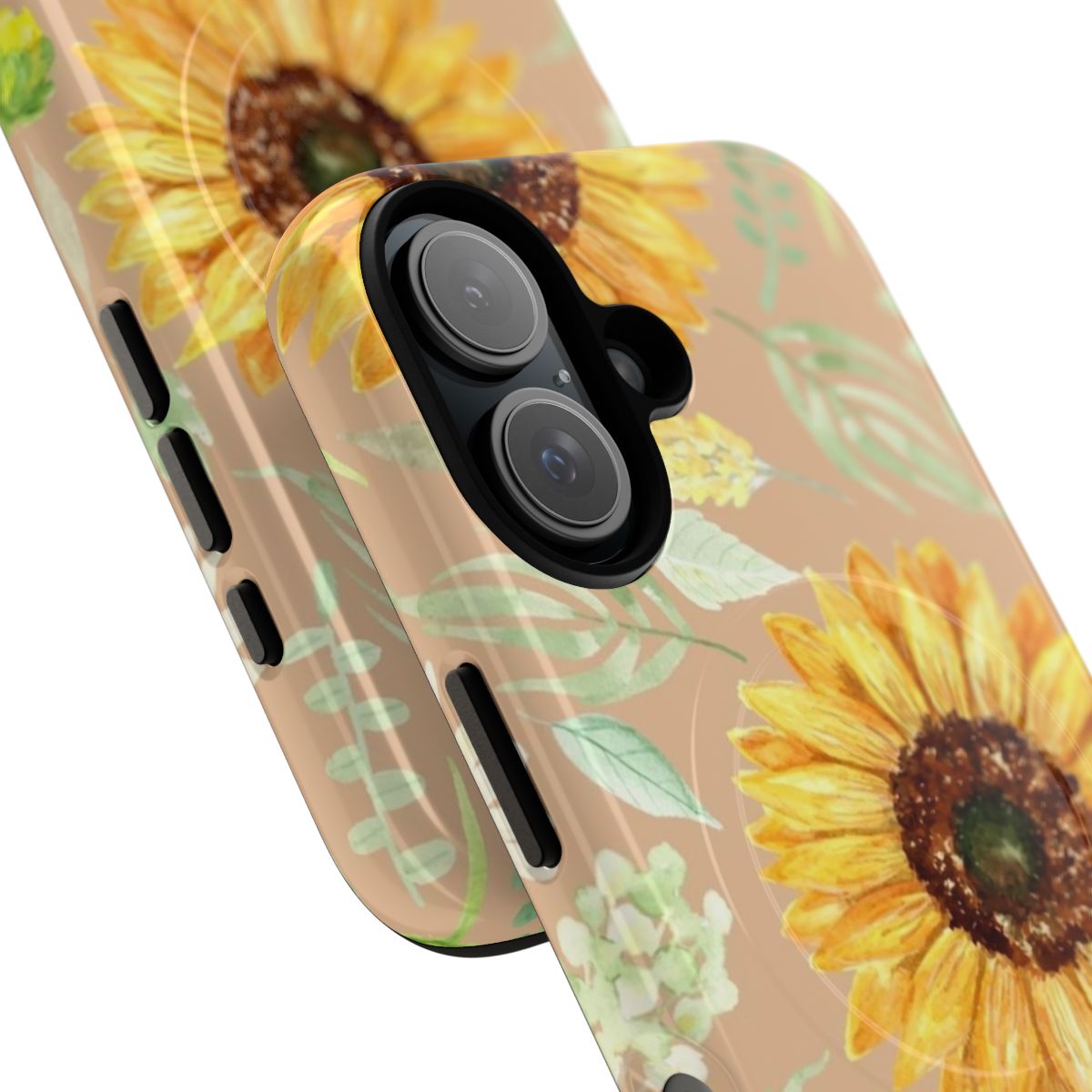 Watercolor painting of sunflowers and daisies on a beige magnetic tough phone case - Detail