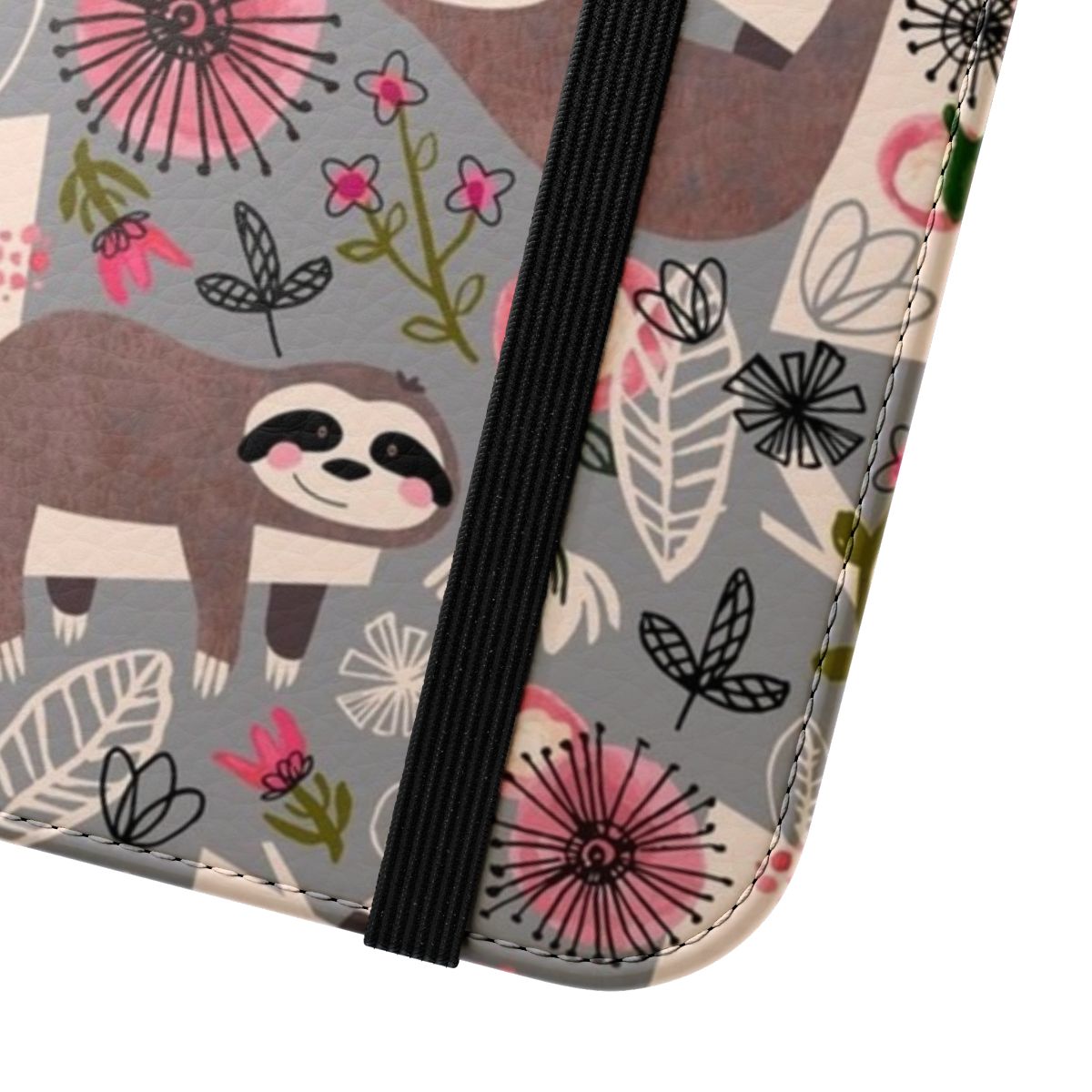 Flip cover phone case featuring a design with happy, cute sloths hanging from a tree. - Close Up