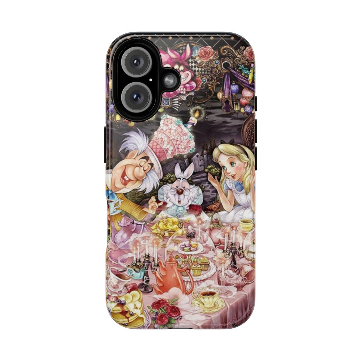 Colorful phone case featuring Alice, the Mad Hatter, and the Cheshire Cat from the classic Alice in Wonderland story.