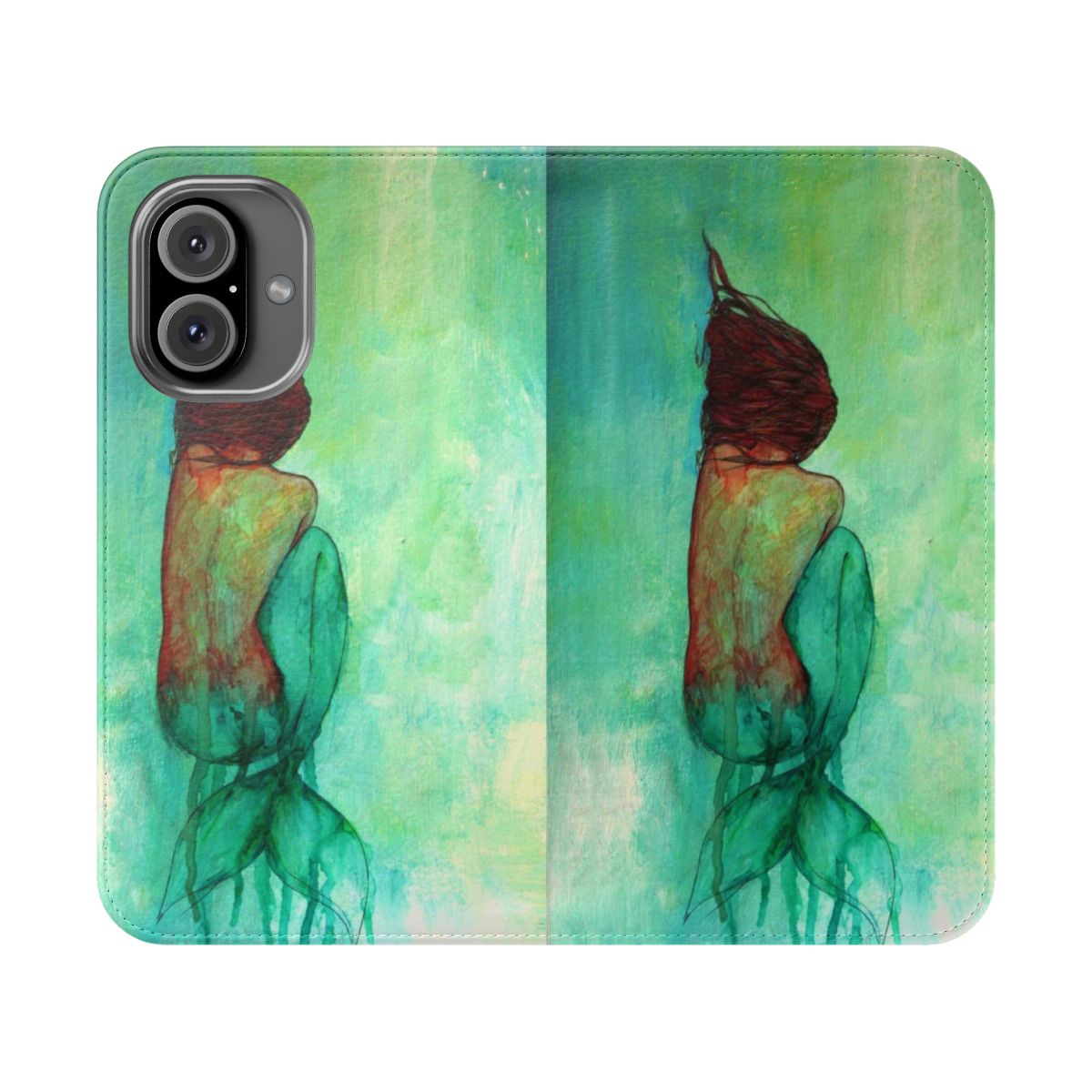 Watercolor mermaid design on a flip cover phone case