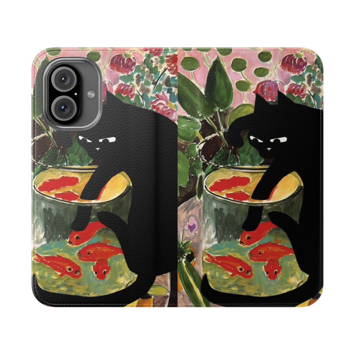 Vibrant flip phone case featuring Matisse's painting of goldfish and a mischievous cat.