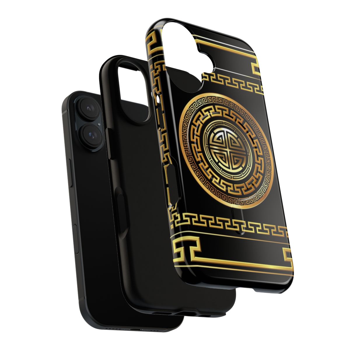 A sleek and durable Greek key meander pattern phone case in black and gold. - Layers