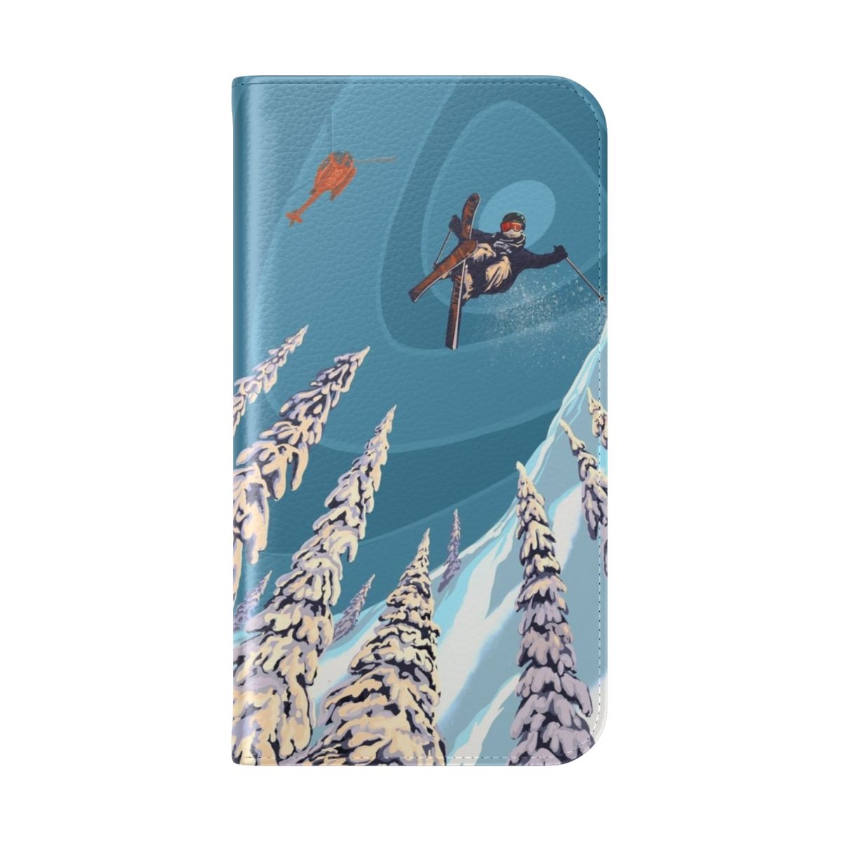 Retro ski jumper art on a flip cover phone case with a mountain landscape background - Folded Back