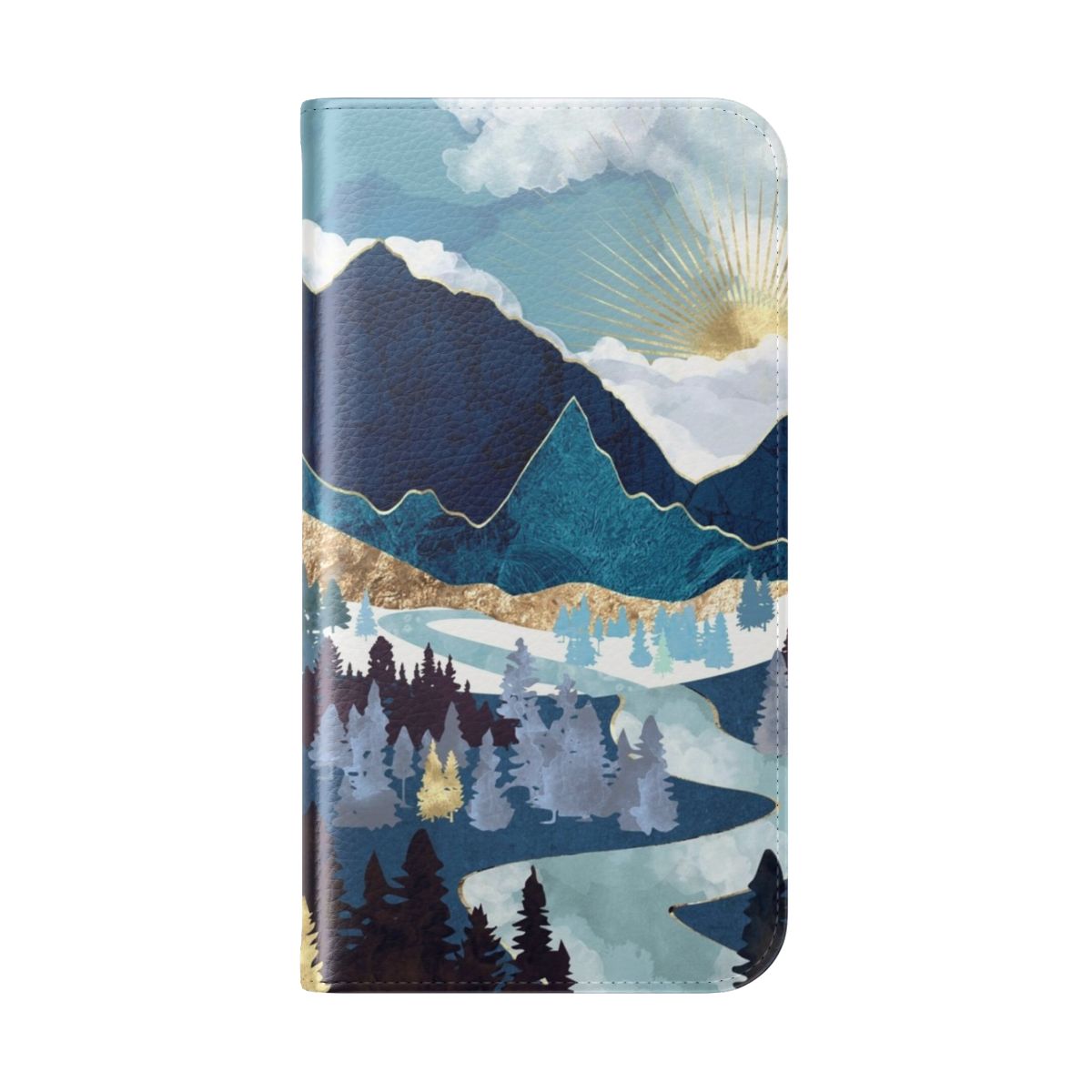 A vibrant and scenic phone case featuring a serene valley sunrise landscape design. - Folded Back