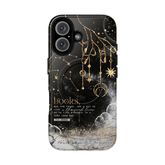 Magnetic phone case with bookish design featuring stars, moon, and constellation elements