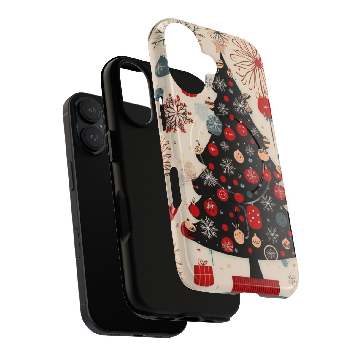 A vintage-style phone case featuring festive Christmas designs like trees, ornaments, and holiday colors. - Layers