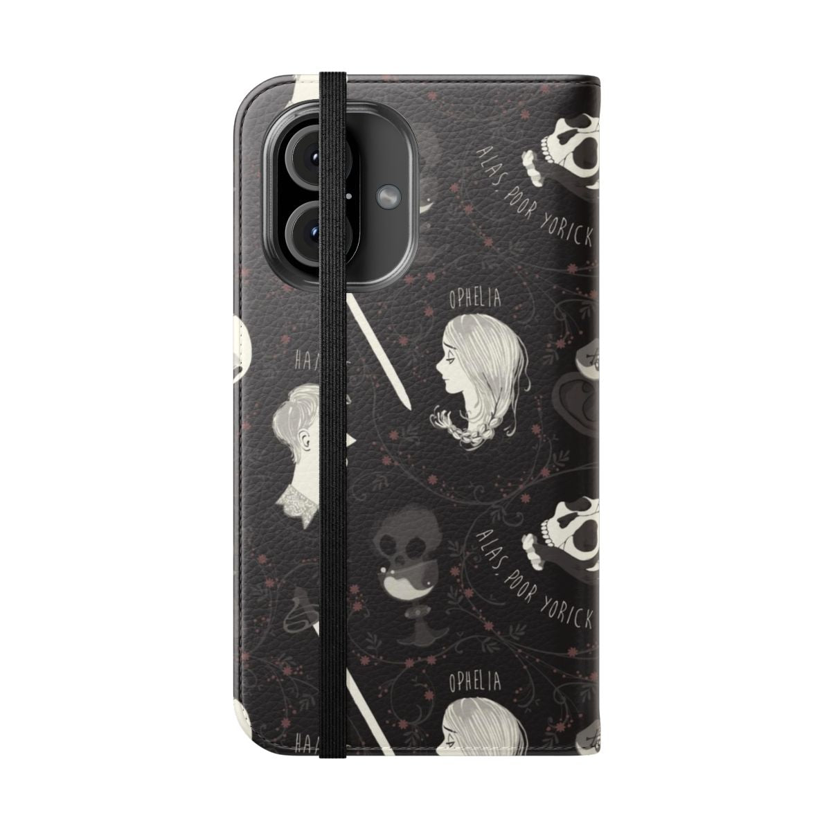 Black and grey flip phone case with Shakespearean Hamlet pattern design - Folded Front