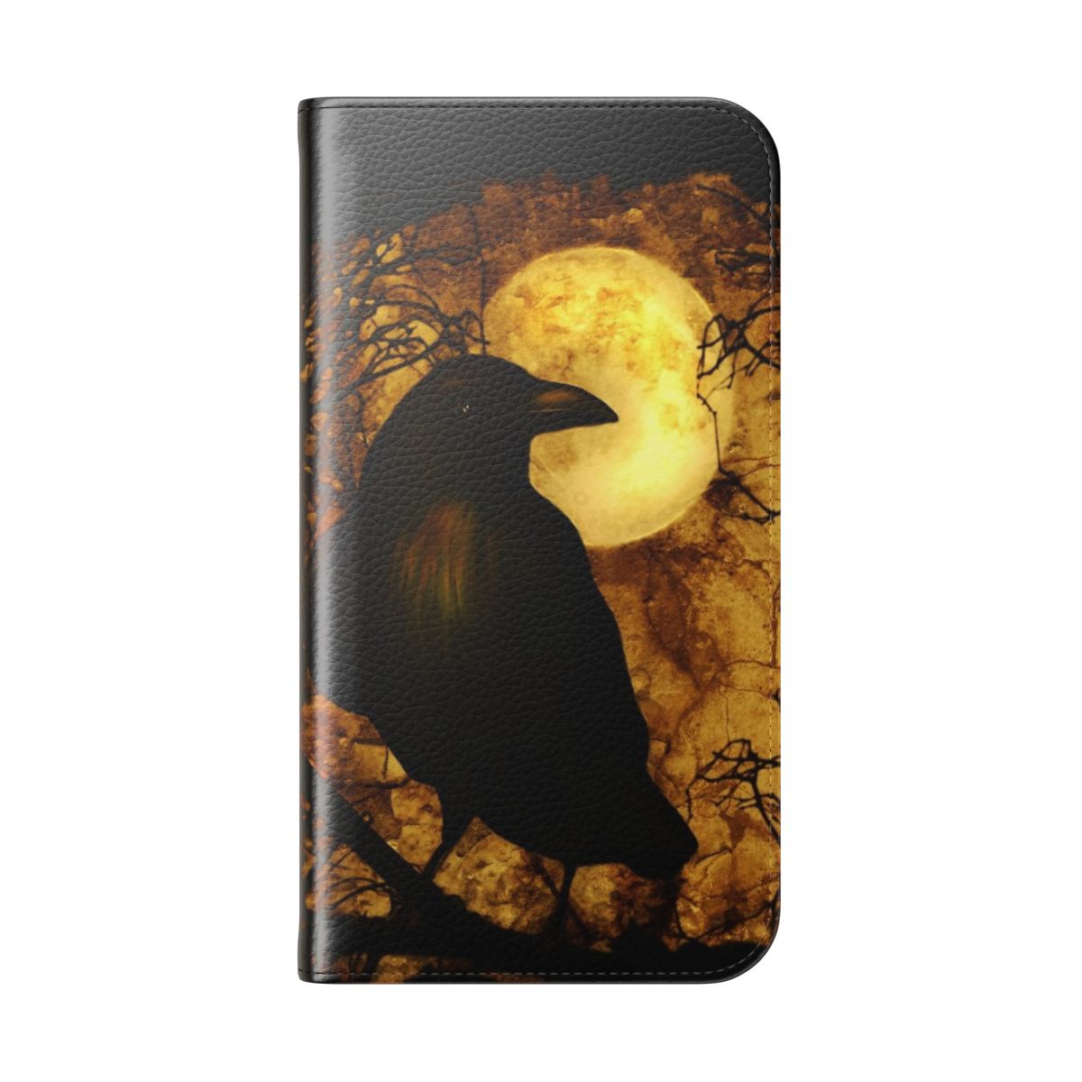 Raven-themed flip cover phone case with a dark, gothic design - Folded Back