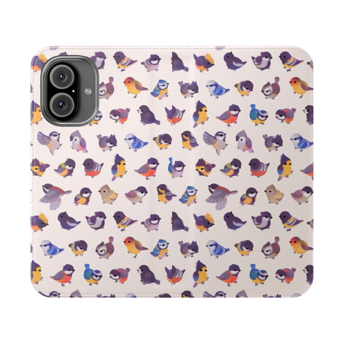 A flip cover phone case featuring a beautifully illustrated little bird (Paridae) design.