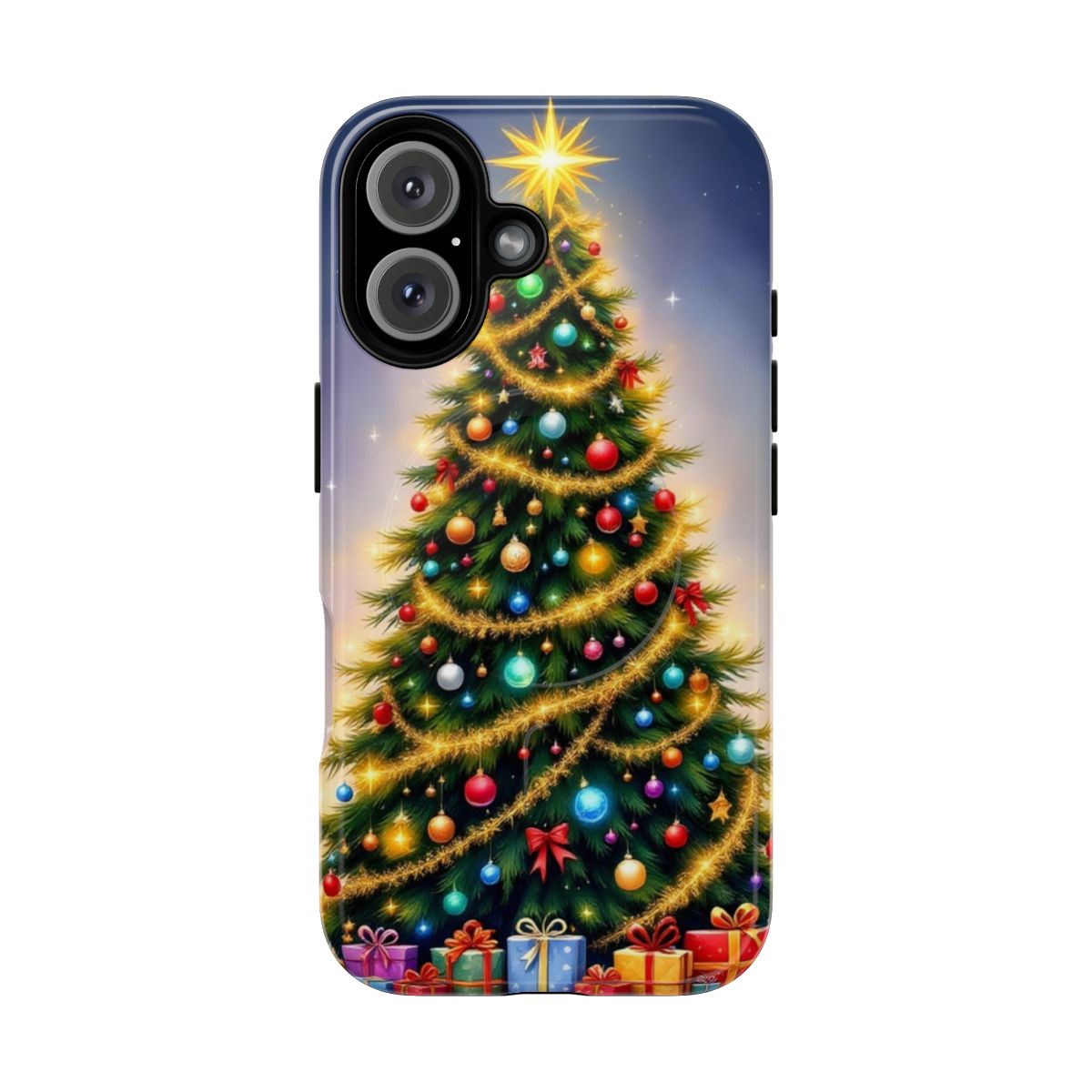 Festive Christmas tree in a winter aura design on a phone case