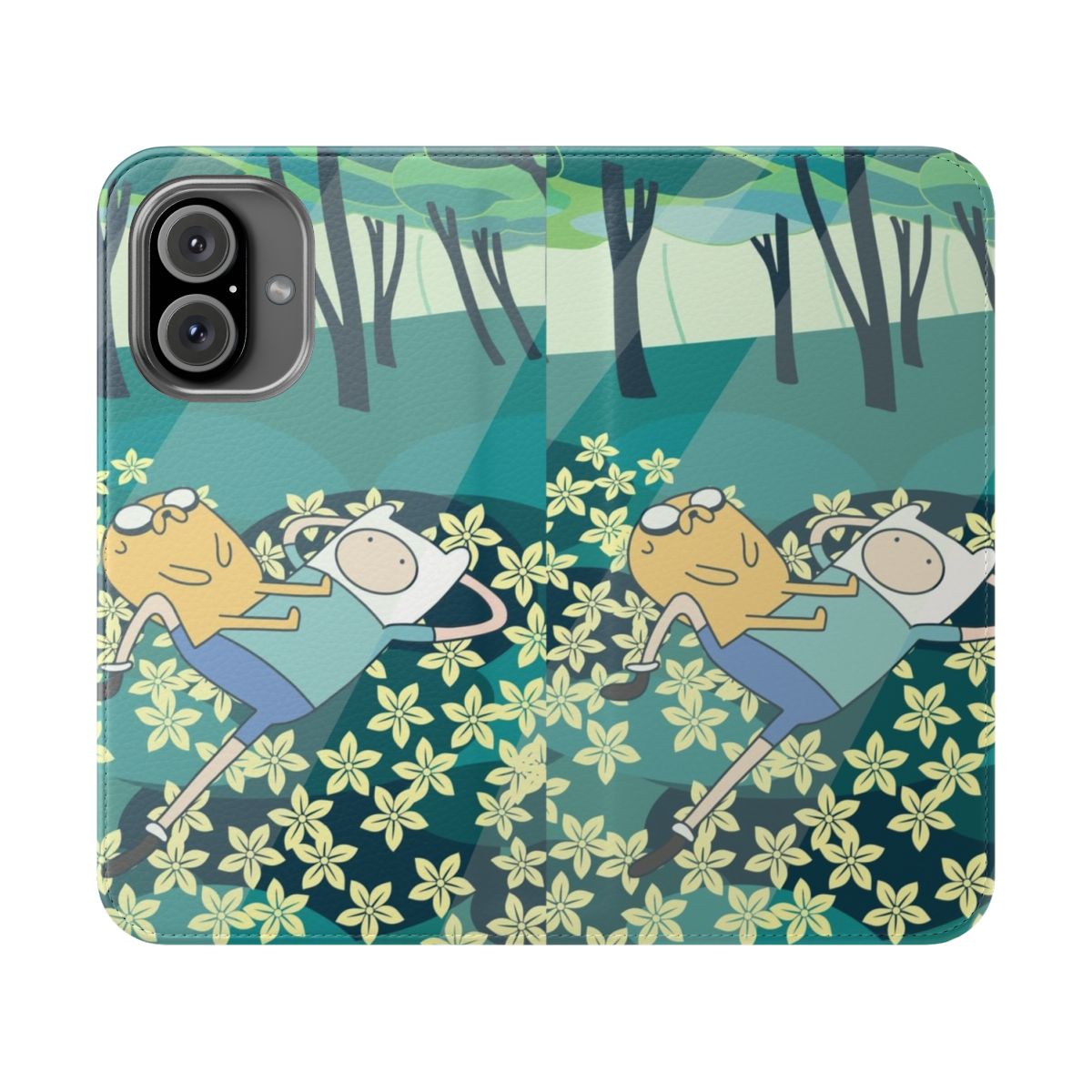 Colorful flip cover phone case featuring characters from the popular cartoon series 'Adventure Time'