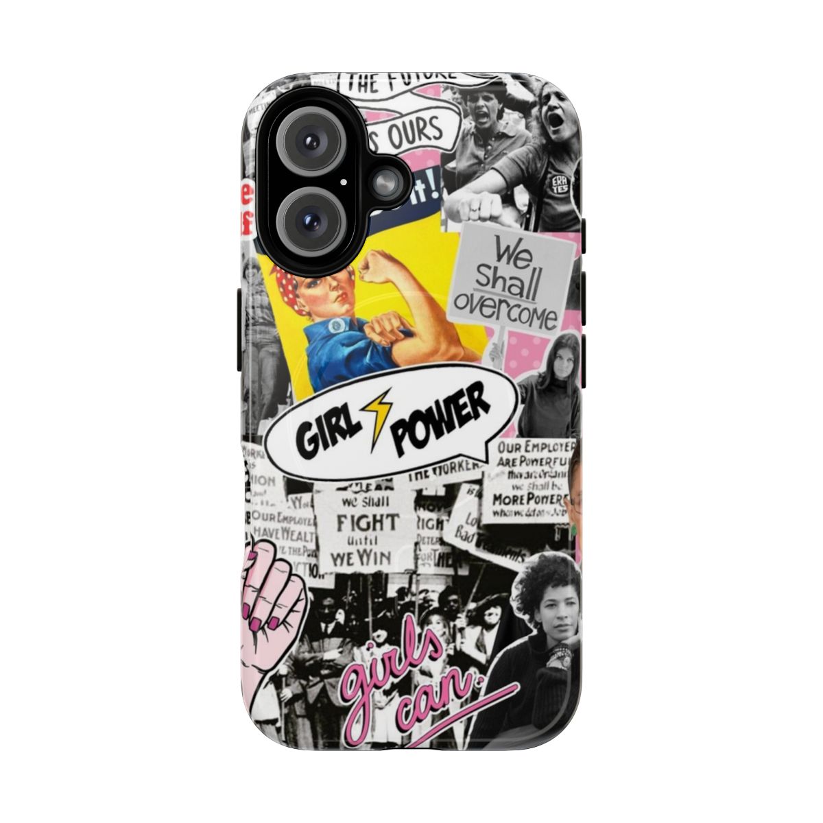 Feminism collage phone case featuring inspiring quotes, iconic women, and vibrant colors to celebrate female empowerment.