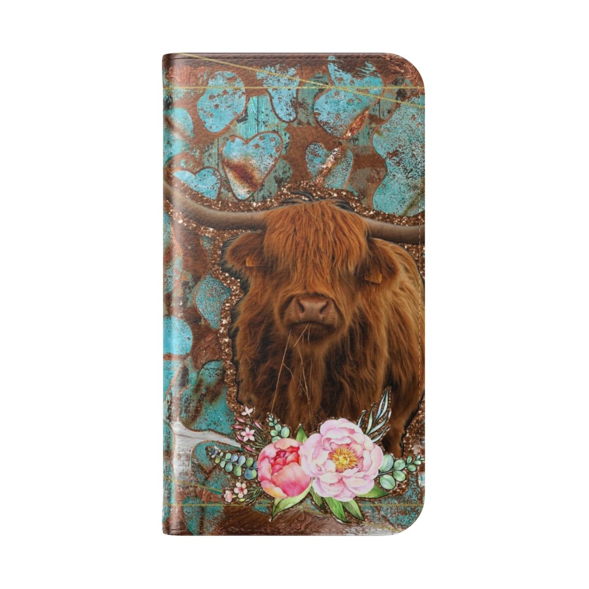 Turquoise and cowhide flip cover phone case featuring a highland cow and roses design - Folded Back