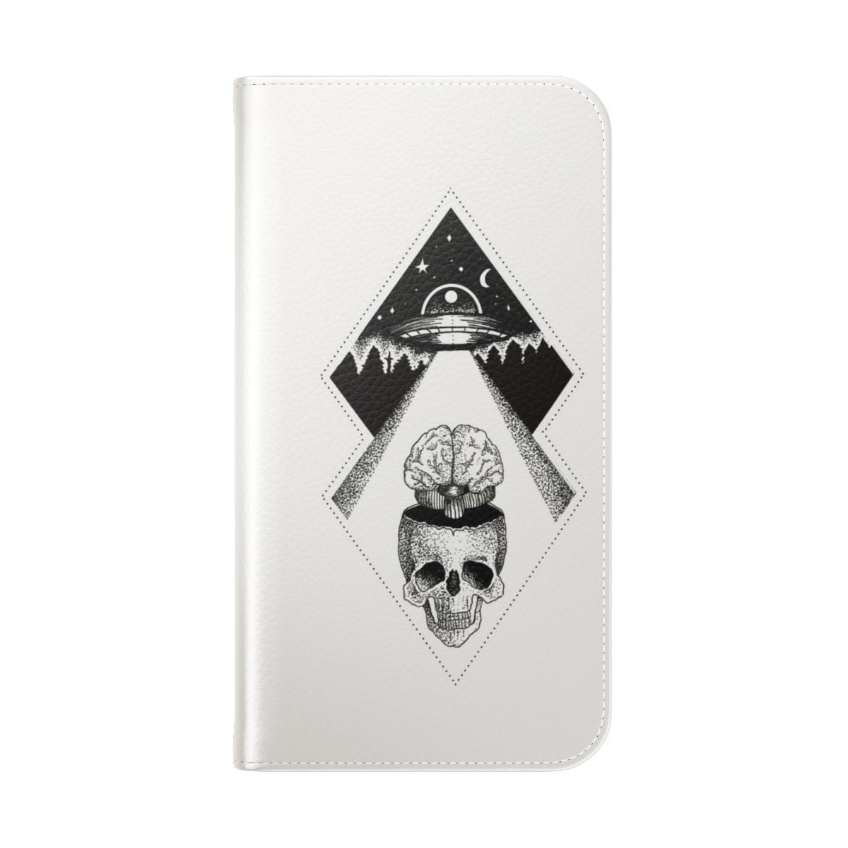 Black and white ink illustration featuring a brain, skeleton, and space elements on a phone case. - Folded Back