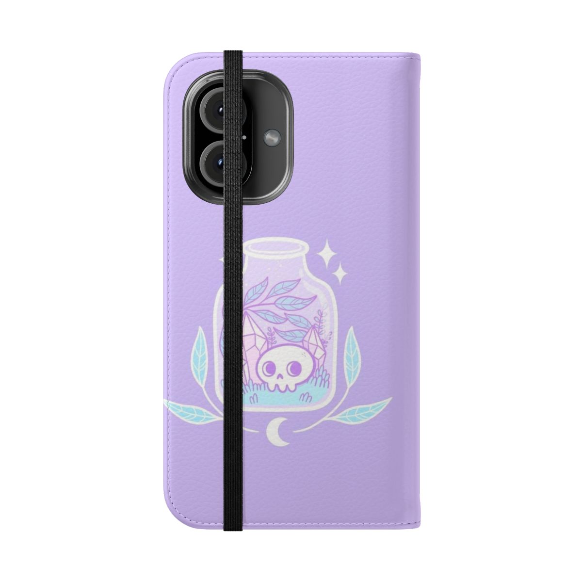 Pastel terrarium-themed flip phone case with crystals, moon, and skull design - Folded Front