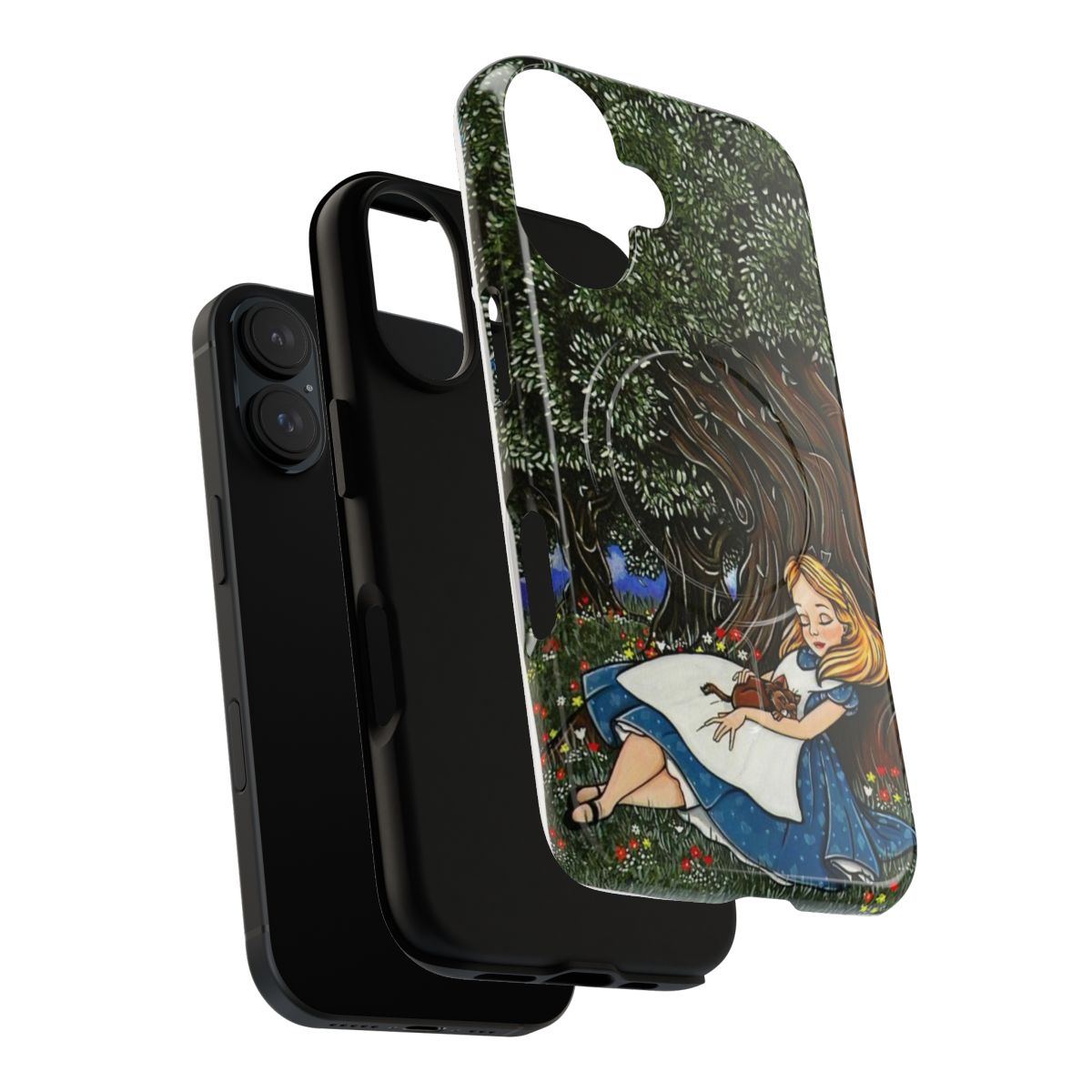 Magnetic tough phone case featuring original artwork inspired by Alice in Wonderland and fantasy nature scenes. - Layers